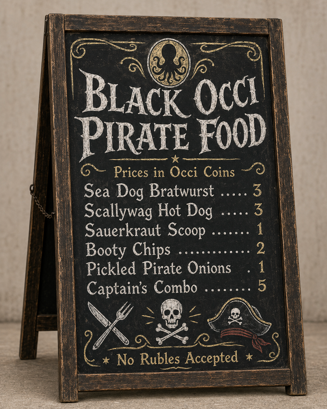 Black Occi Pirate Food menu — A-frame chalkboard sign
